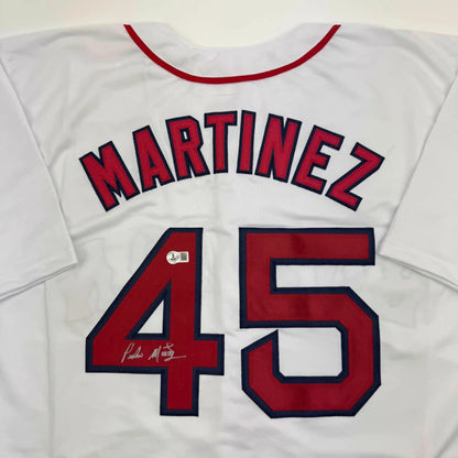 Autographed Pedro Martinez Boston custom jersey, white with red navy lettering, number 45