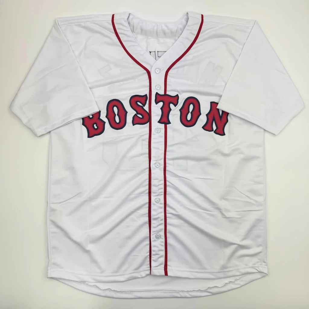 White baseball jersey with red trim and BOSTON logo from authentic Martinez custom jersey