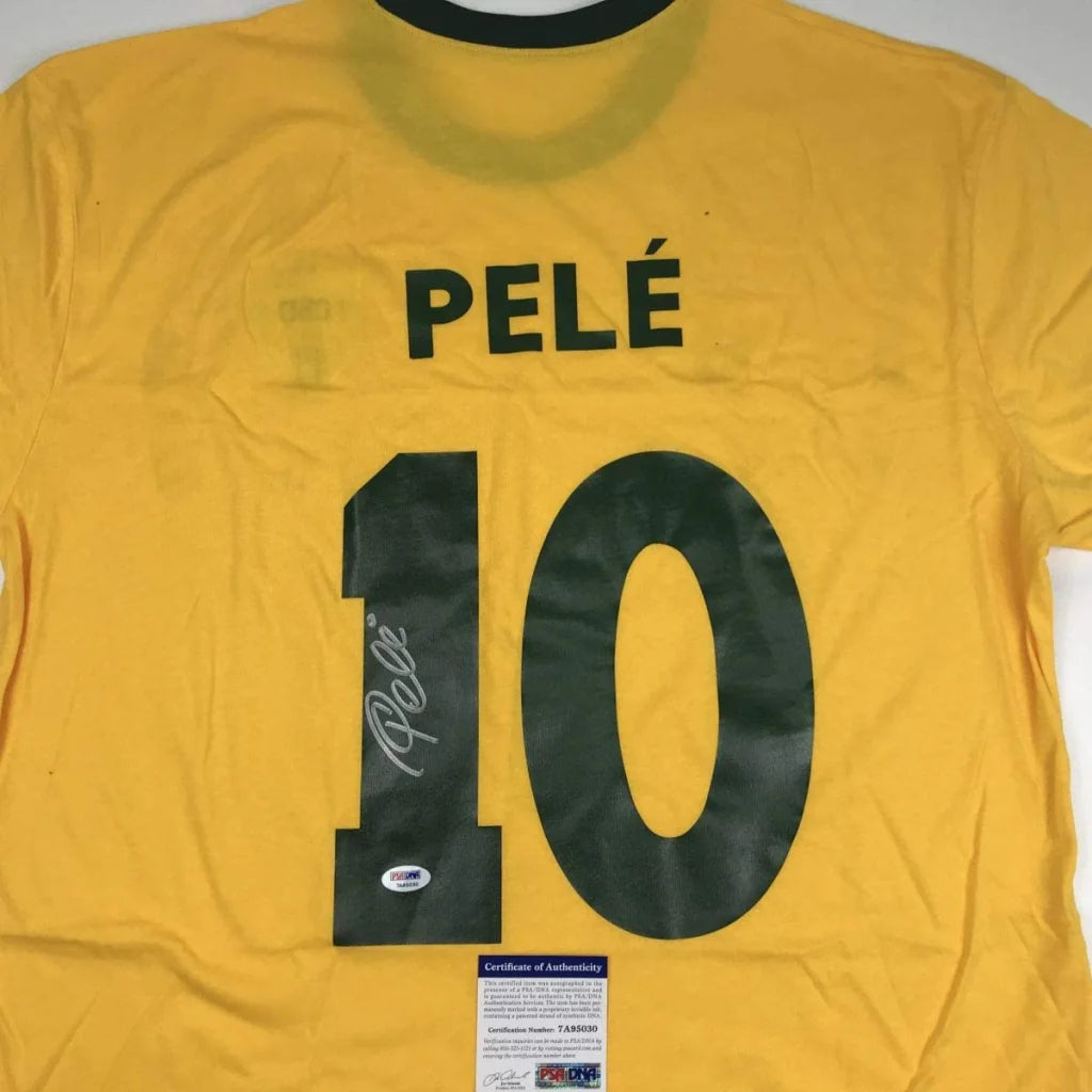 Autographed Pele Brazil Yellow Soccer Futbol Jersey PSA/DNA COA Auto #2 | Certified Authentic Signed Memorabilia | vintageantiquesgifts.com