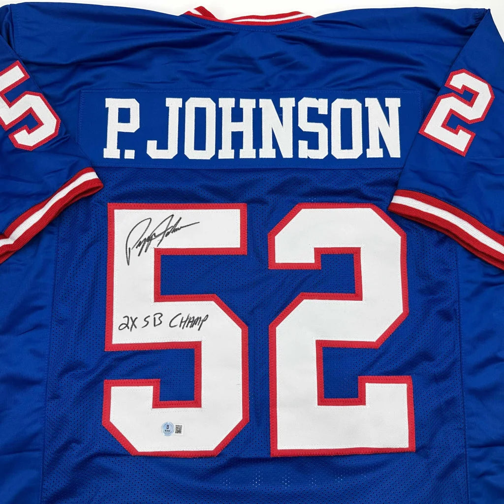 Blue custom jersey with P Johnson 52 Two Time Champion autograph for professional sports fans