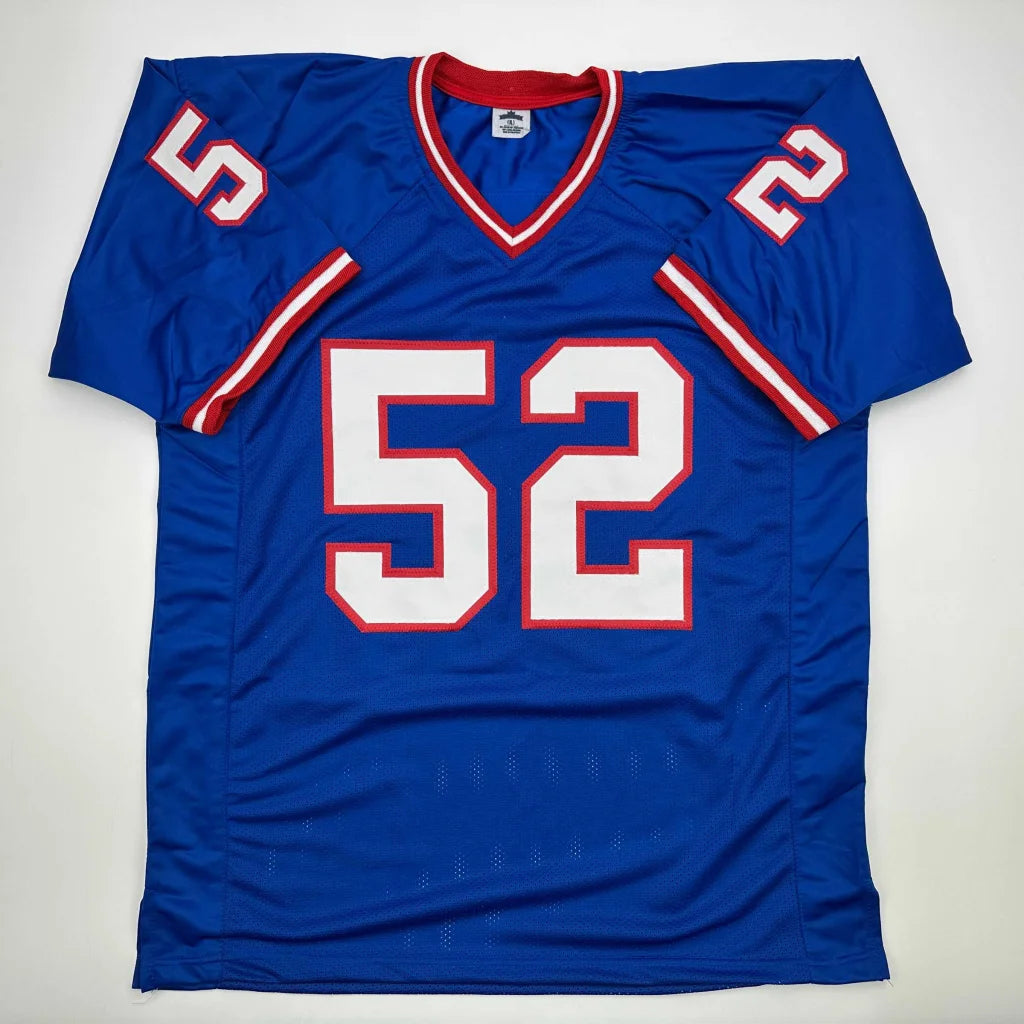 Blue custom jersey with white and red trim for professional sports and sports league fans