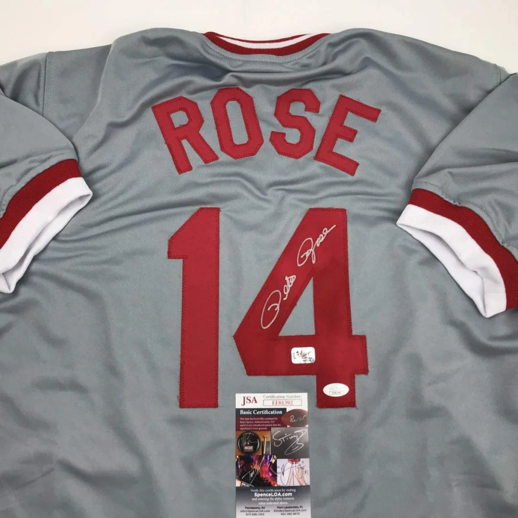 Autographed Pete Rose Cincinnati Grey Baseball Jersey JSA COA | Certified Authentic Signed Memorabilia | vintageantiquesgifts.com