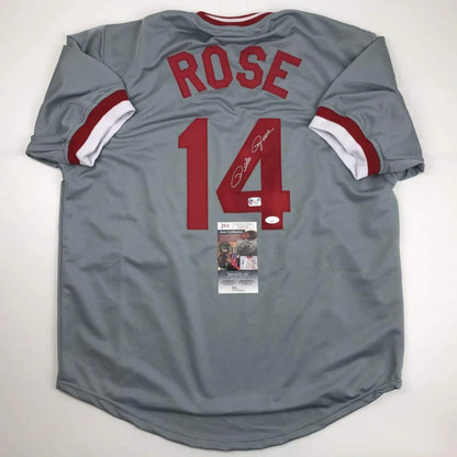 Autographed Pete Rose Cincinnati Grey Baseball Jersey JSA COA | Hall of Fame Sports Memorabilia | vintageantiquesgifts.com
