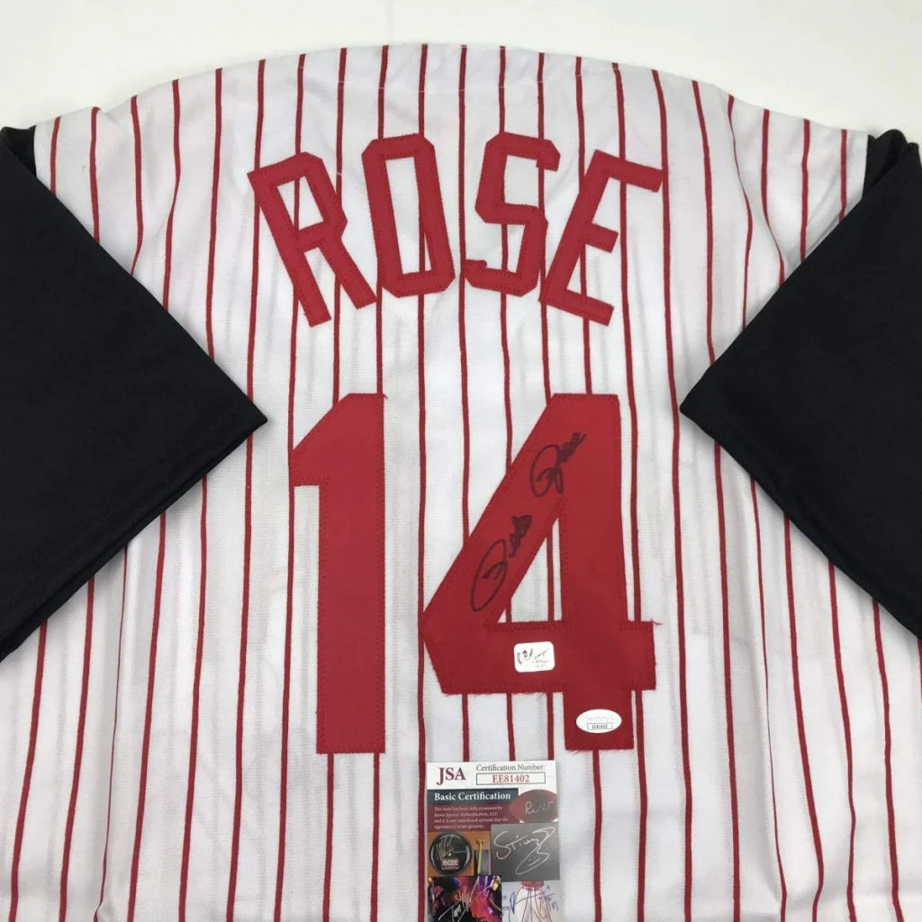Autographed Pete Rose custom jersey back, Cincinnati red pinstripe, number 14, JSA COA
