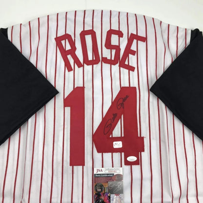 Autographed Pete Rose custom jersey back, Cincinnati red pinstripe, number 14, JSA COA