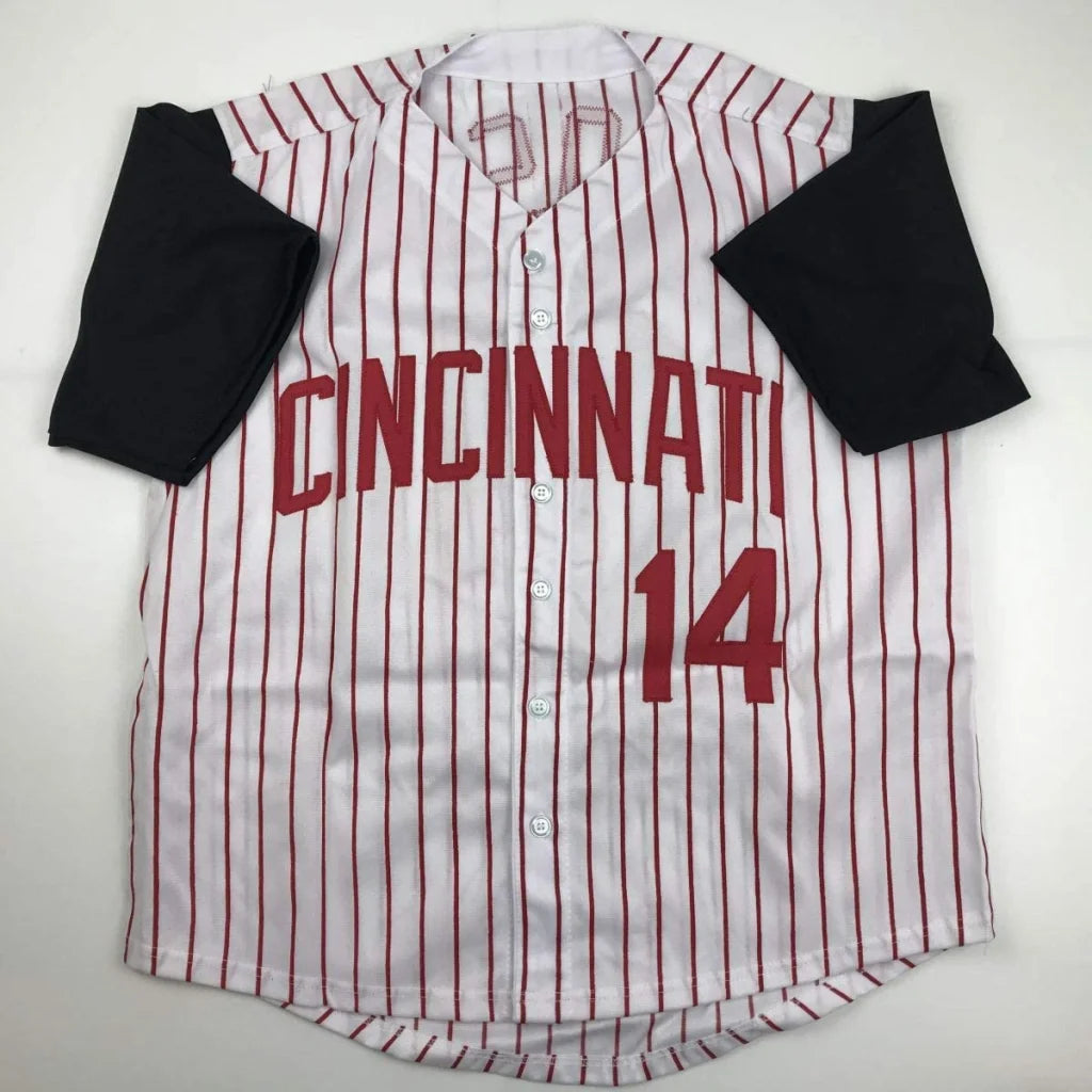 Autographed Pete Rose Cincinnati 14 custom pinstripe jersey, JSA COA