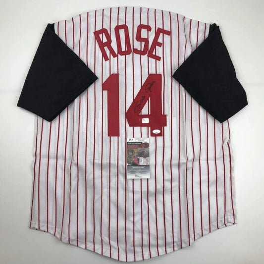 Autographed Pete Rose custom jersey back, Cincinnati pinstripe, pro sports league