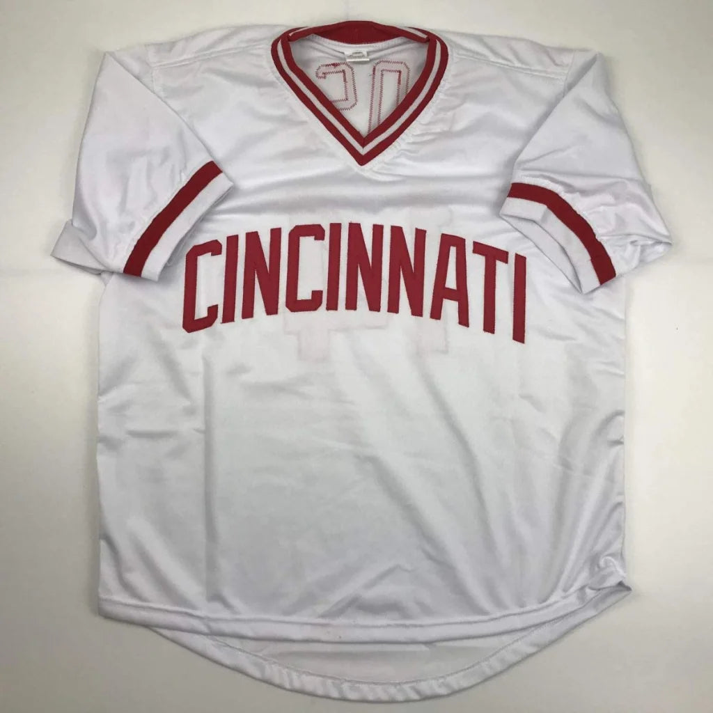 White short-sleeved custom jersey with red trim and CINCINNATI for professional sports fans