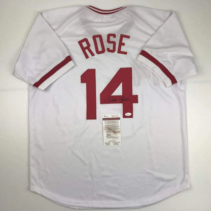 Autographed Pete Rose Cincinnati White Baseball Jersey JSA COA | Hall of Fame Sports Memorabilia | vintageantiquesgifts.com