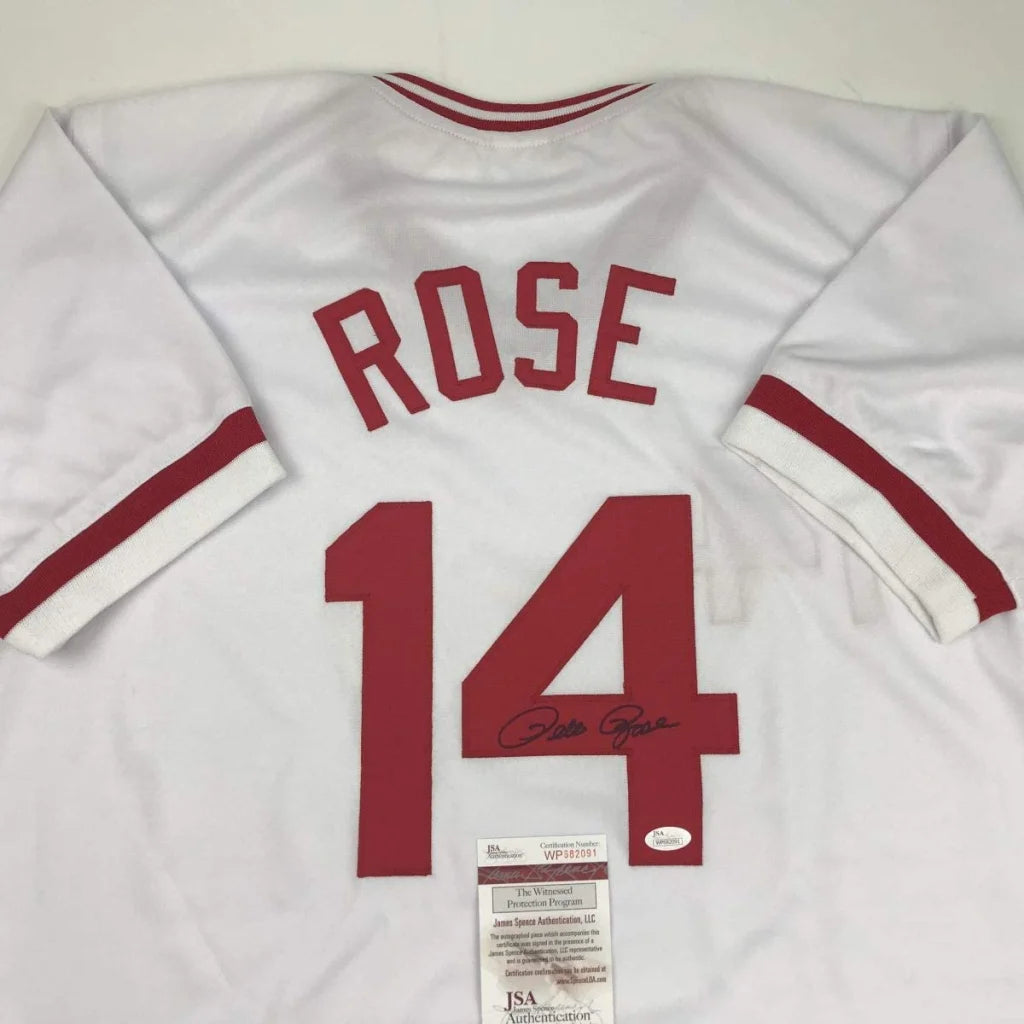 Autographed Pete Rose Cincinnati White Baseball Jersey JSA COA | Certified Authentic Signed Memorabilia | vintageantiquesgifts.com