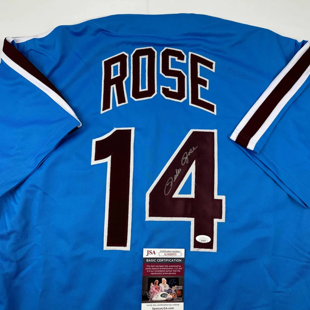 Autographed Pete Rose Philadelphia Retro Blue Baseball Jersey JSA COA | Certified Authentic Signed Memorabilia | vintageantiquesgifts.com
