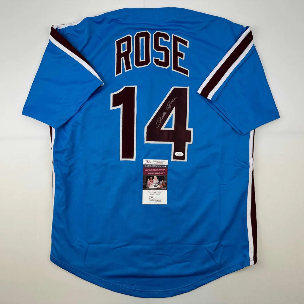 Autographed Pete Rose Philadelphia Retro Blue Baseball Jersey JSA COA | Hall of Fame Sports Memorabilia | vintageantiquesgifts.com