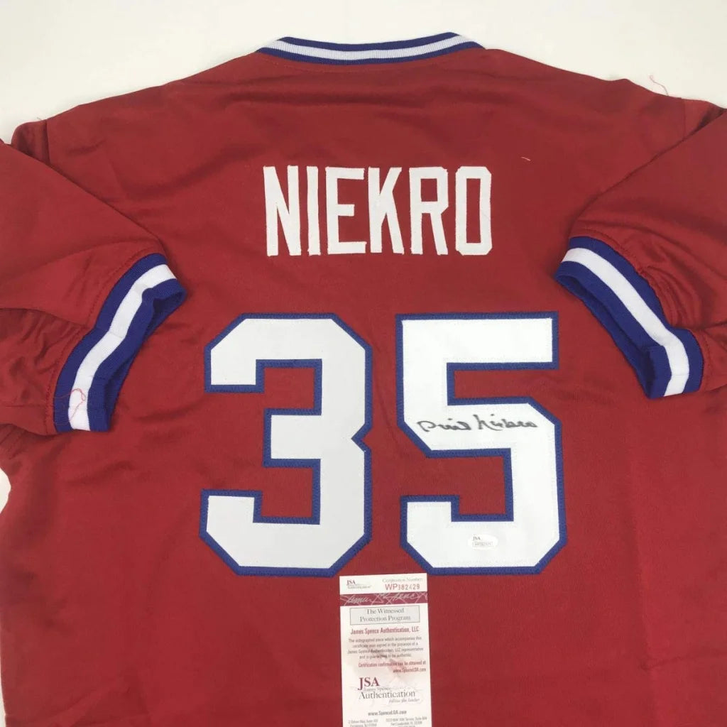 Autographed Phil Niekro custom jersey with Niekro 35, JSA COA