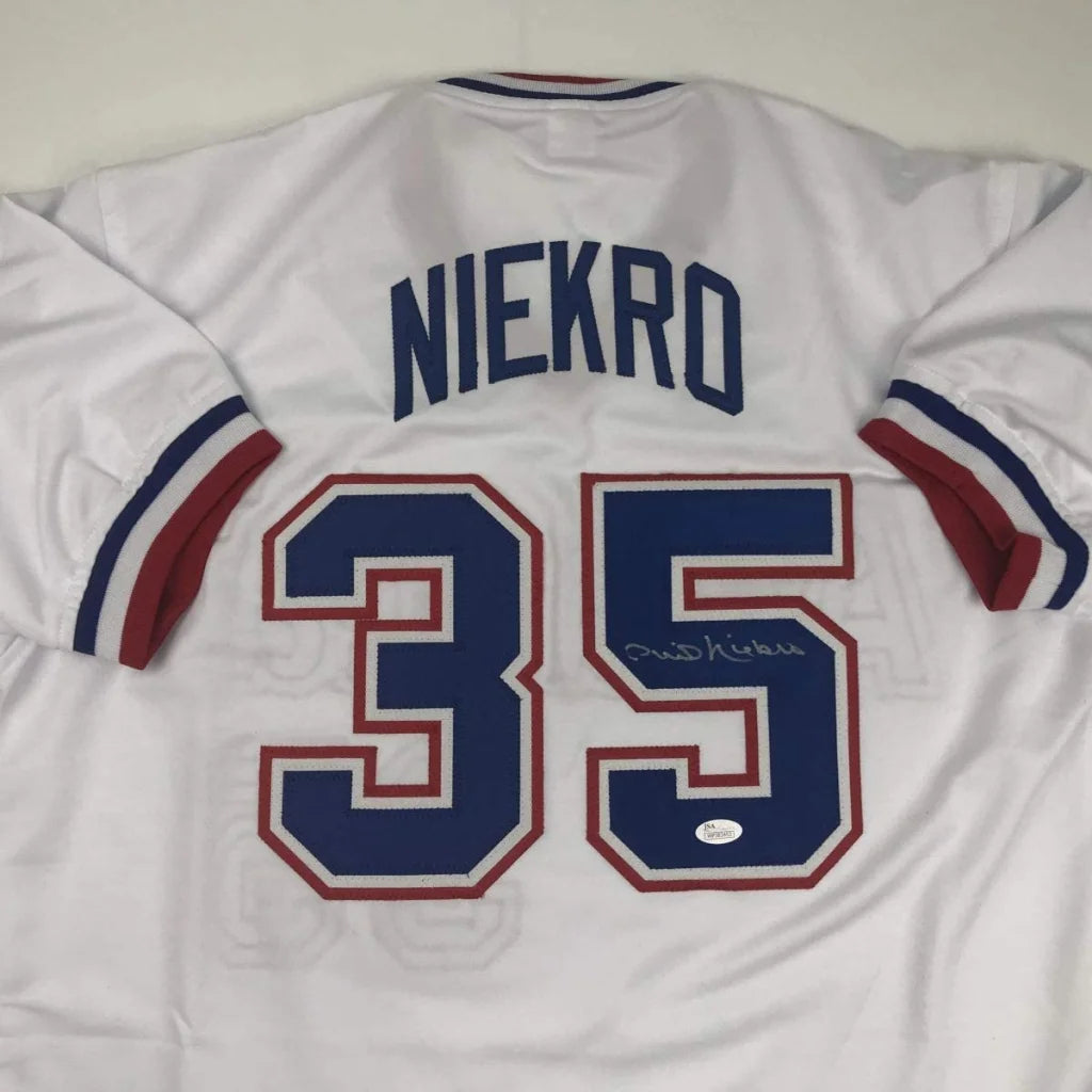 White custom jersey from professional sports legend Niekro with Niekro and 35 in blue and red