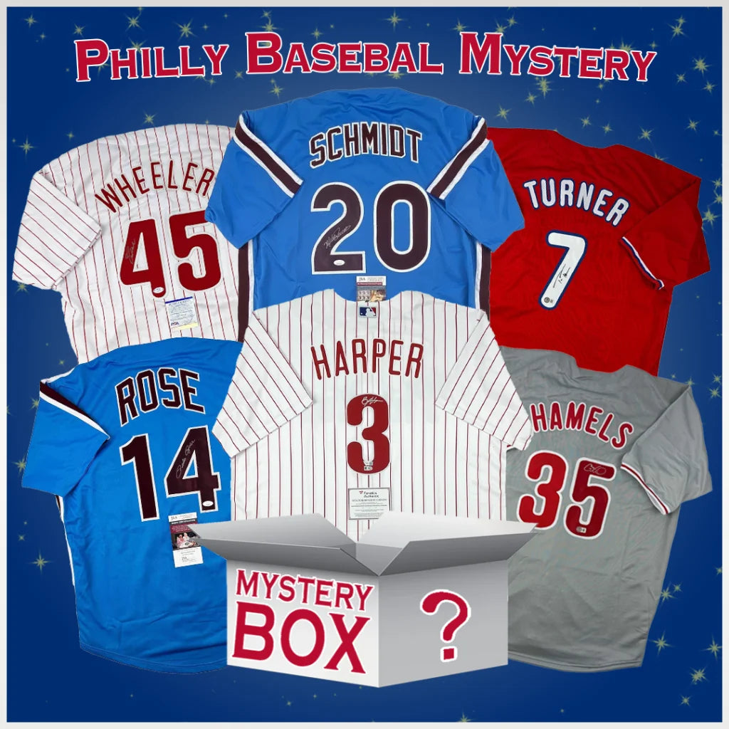 Autographed Philadelphia baseball jersey mystery box in blue, red, white pinstripe, gray