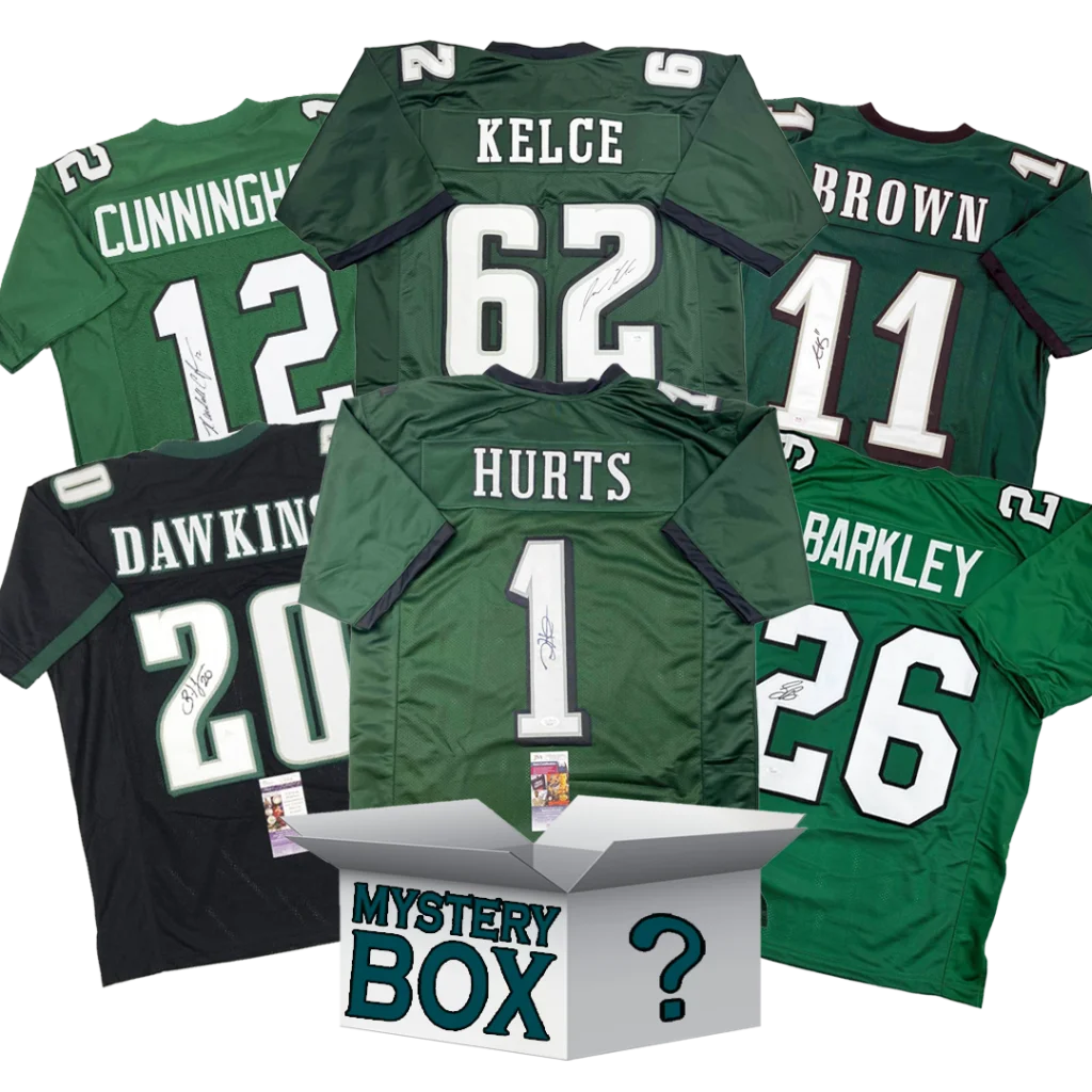 Philadelphia football jersey mystery box with six signed Eagles jerseys and a mystery box