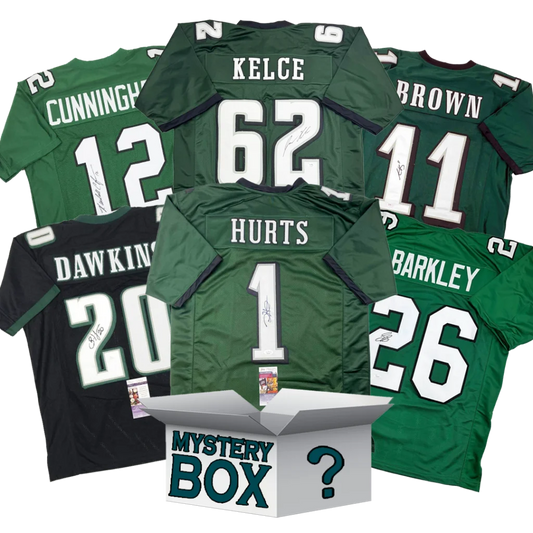 Philadelphia football jersey mystery box with six signed Eagles jerseys and a mystery box