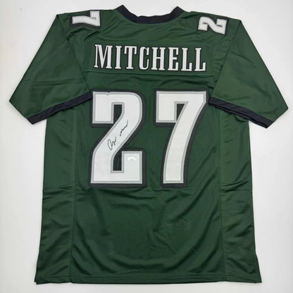 Back of autographed Quinyon Mitchell green custom jersey, number 27, JSA COA