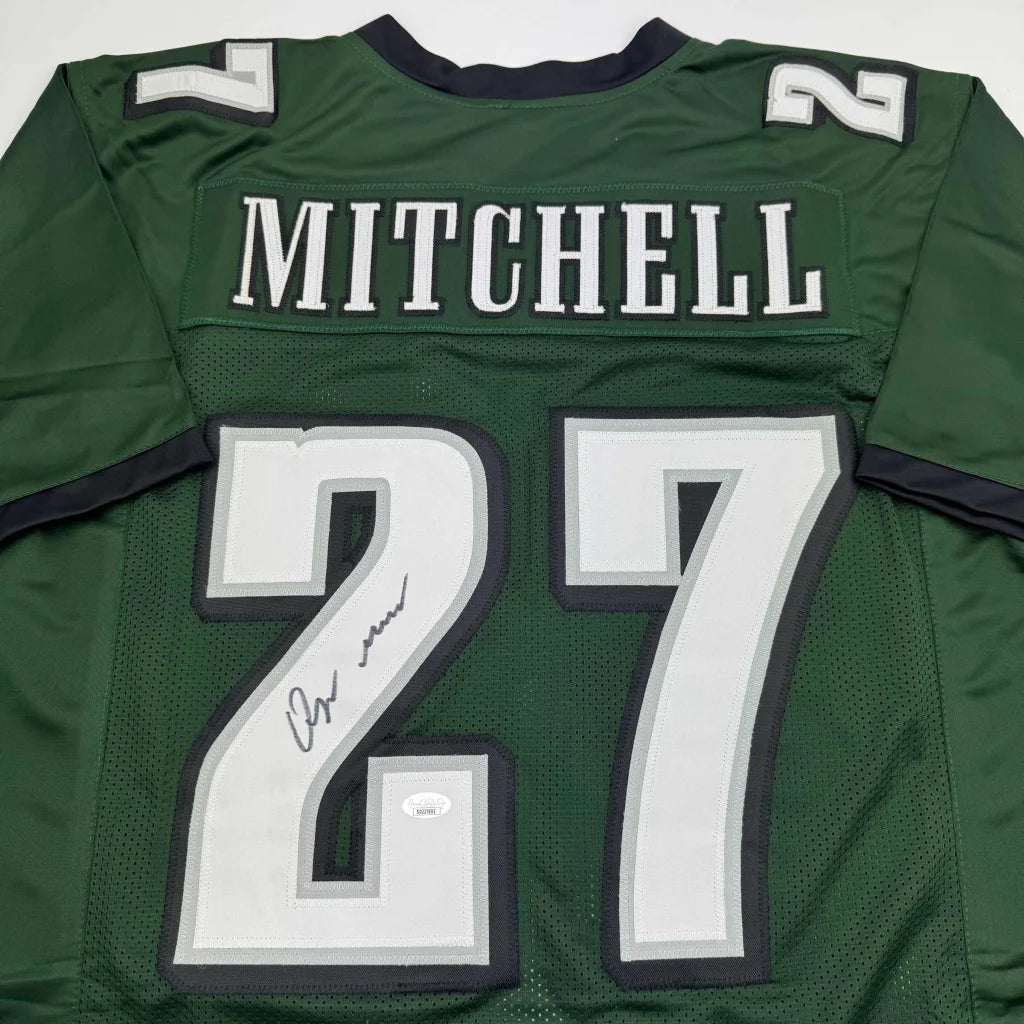 Autographed Quinyon Mitchell green Eagles custom jersey back, number 27, JSA COA