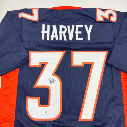 Autographed/Signed R.J RJ Harvey Denver Blue Football Jersey JAS COA