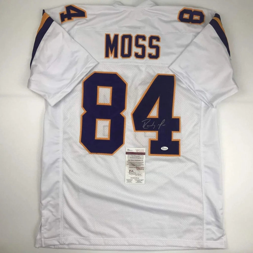 Autographed Randy Moss Minnesota White Football Jersey JSA COA | Hall of Fame Sports Memorabilia | vintageantiquesgifts.com