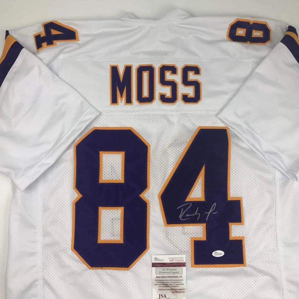 Autographed Randy Moss Minnesota White Football Jersey JSA COA | Certified Authentic Signed Memorabilia | vintageantiquesgifts.com