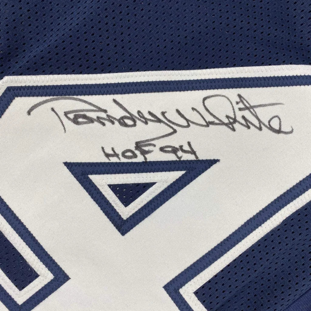Autographed navy blue custom jersey from Dallas Cowboys professional sports league