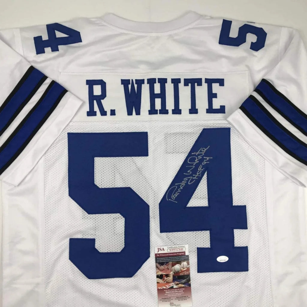 White custom jersey with blue numerals and autograph for professional sports league fans
