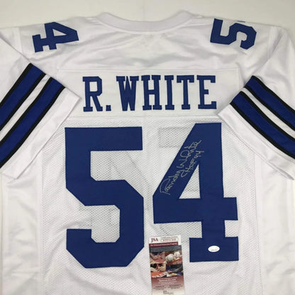 White custom jersey with blue numerals and autograph for professional sports league fans