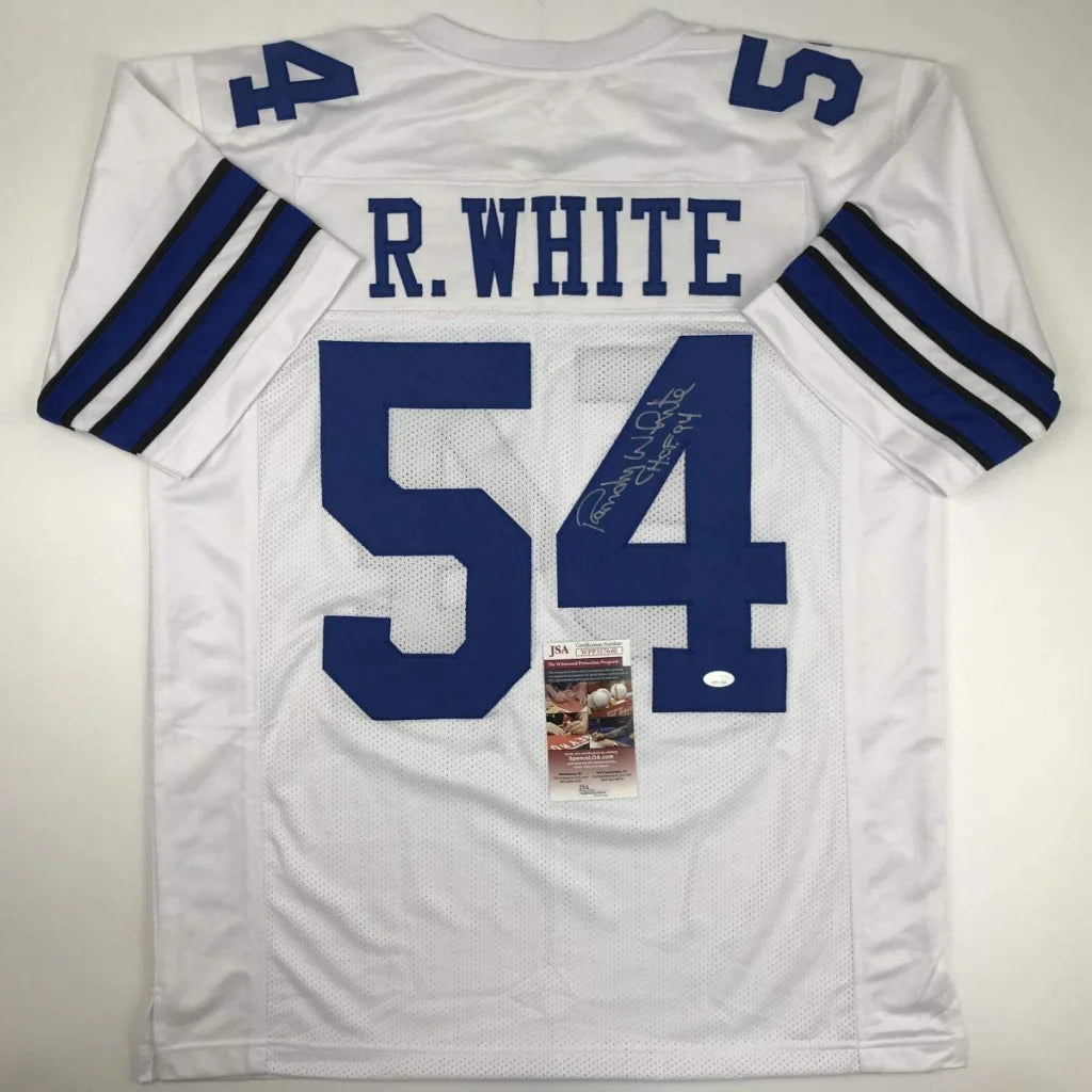 White custom jersey with blue numbers, signature, and auth tag for professional sports league