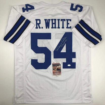 White custom jersey with blue numbers, signature, and auth tag for professional sports league