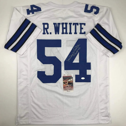 White custom jersey with blue numbers, signature, and auth tag for professional sports league