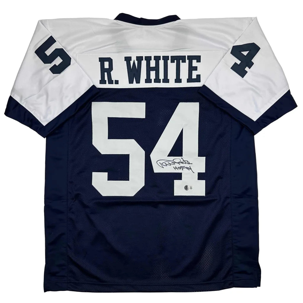 Navy blue and white custom jersey autographed randy white professional sports league football memorabilia with coa
