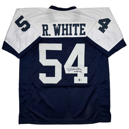 Navy blue and white custom jersey autographed randy white professional sports league football memorabilia with coa