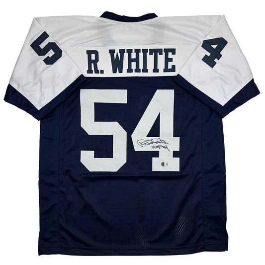 Navy blue and white custom jersey autographed randy white professional sports league football memorabilia with coa