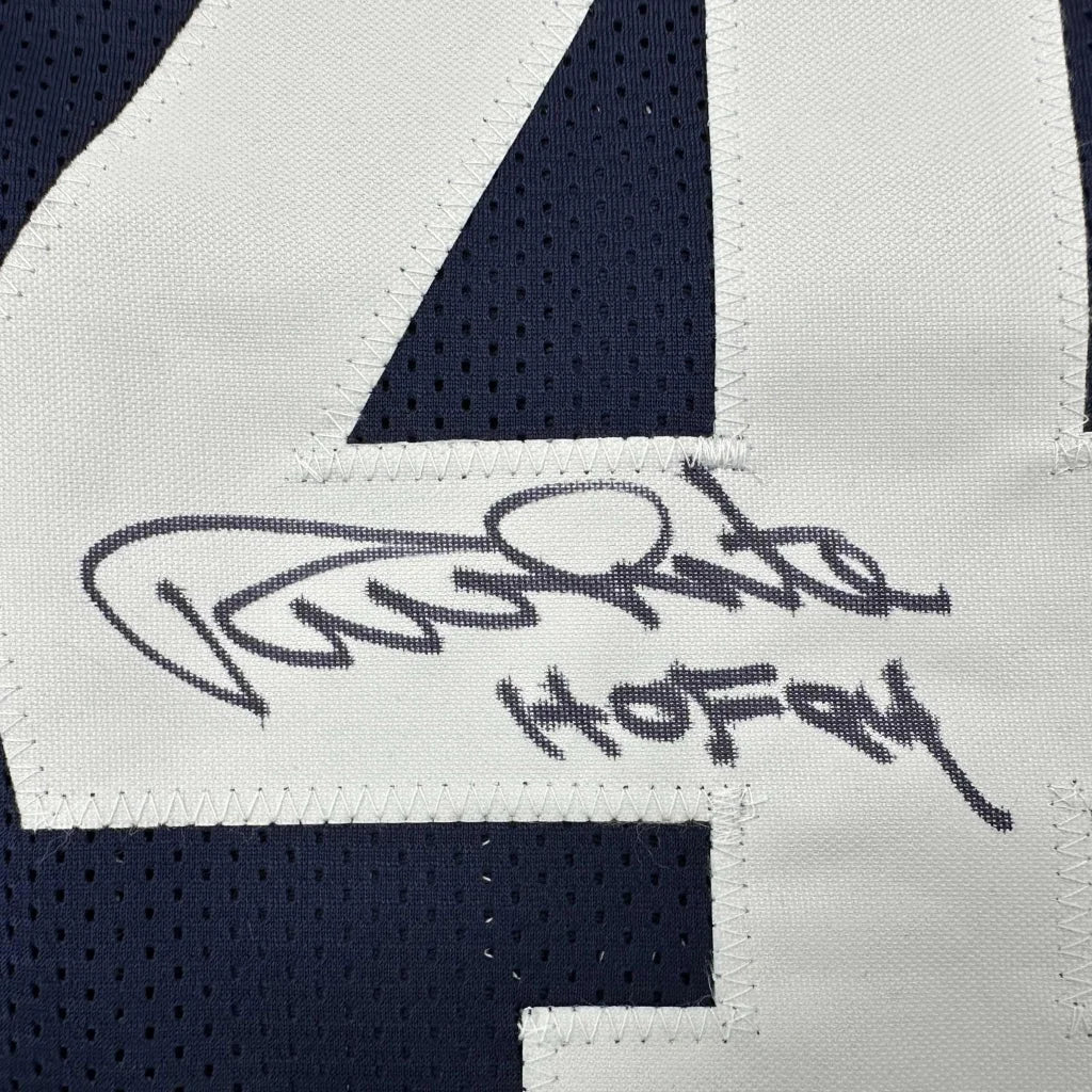 Navy blue and white custom randy white professional sports jersey with bold number 4 and black autograph stitching