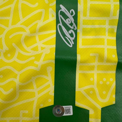 Yellow and green striped Raphinha Brazil custom jersey with autograph for professional sports league