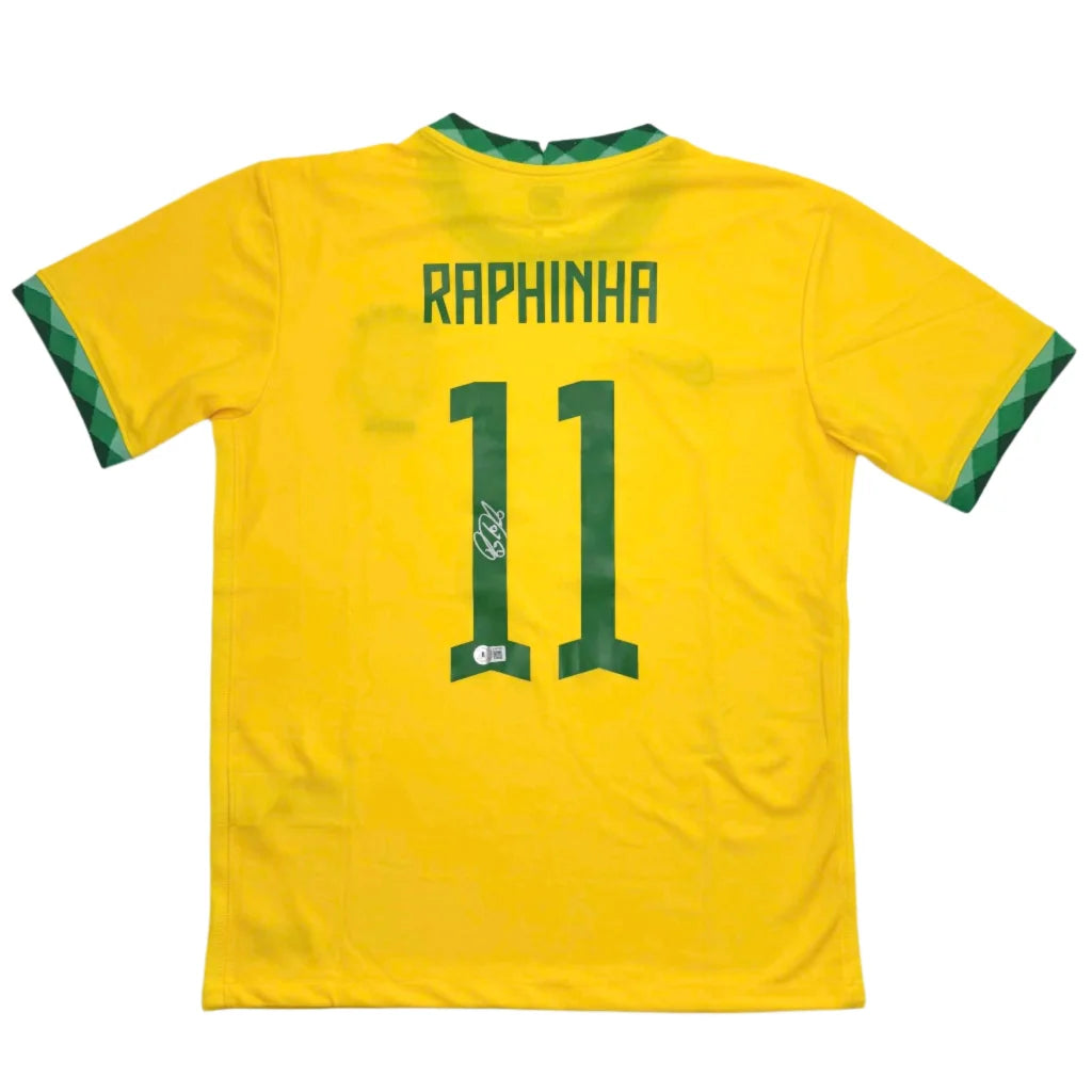 Back of autographed bright yellow brazil national team custom jersey with green trim raphinha 11 from professional sports league
