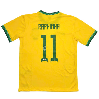 Back of autographed bright yellow brazil national team custom jersey with green trim raphinha 11 from professional sports league