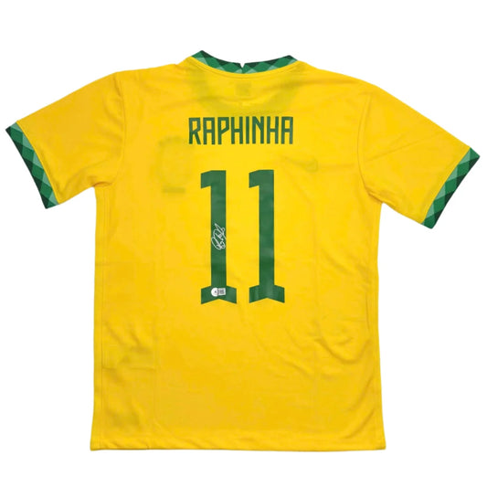 Back of autographed bright yellow brazil national team custom jersey with green trim raphinha 11 from professional sports league