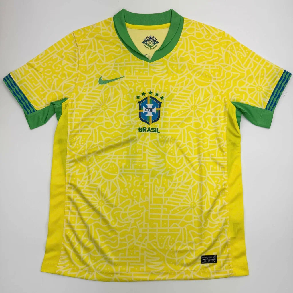Yellow Brazil national football team custom jersey with green collar for professional sports league