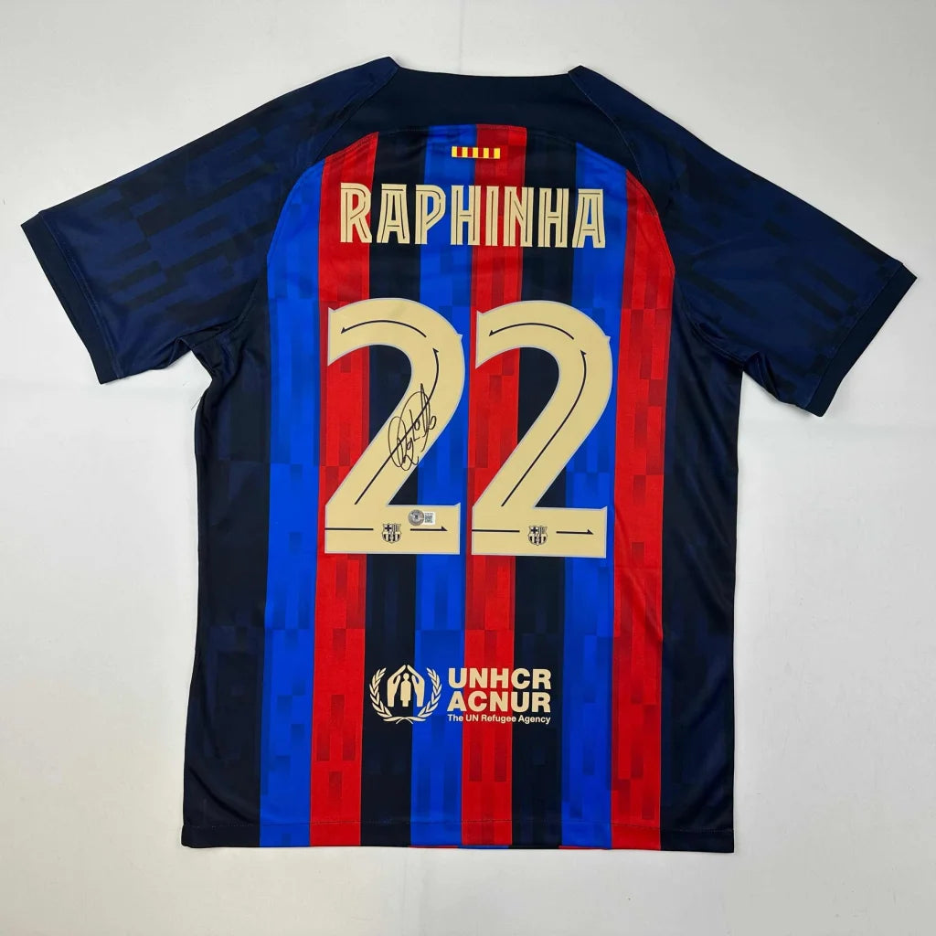 Barcelona home custom jersey with Raphinha 22 signature for professional sports fans