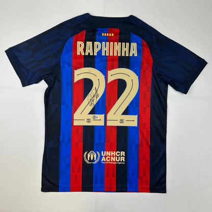 Barcelona home custom jersey with Raphinha 22 signature for professional sports fans