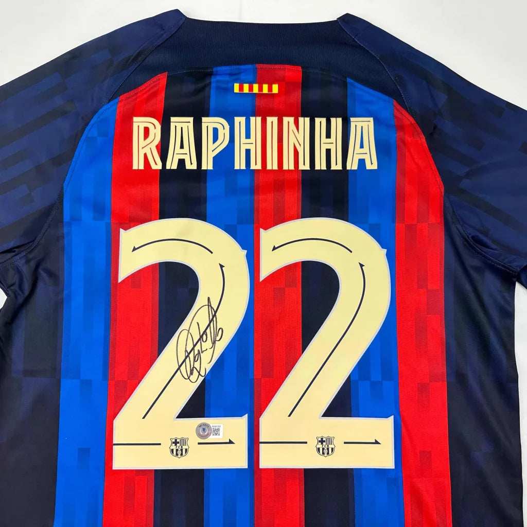 Autographed Raphinha Raphael Belloli FC Barcelona Blue Soccer Jersey Beckett BAS COA | Certified Authentic Signed Memorabilia | vintageantiquesgifts.com