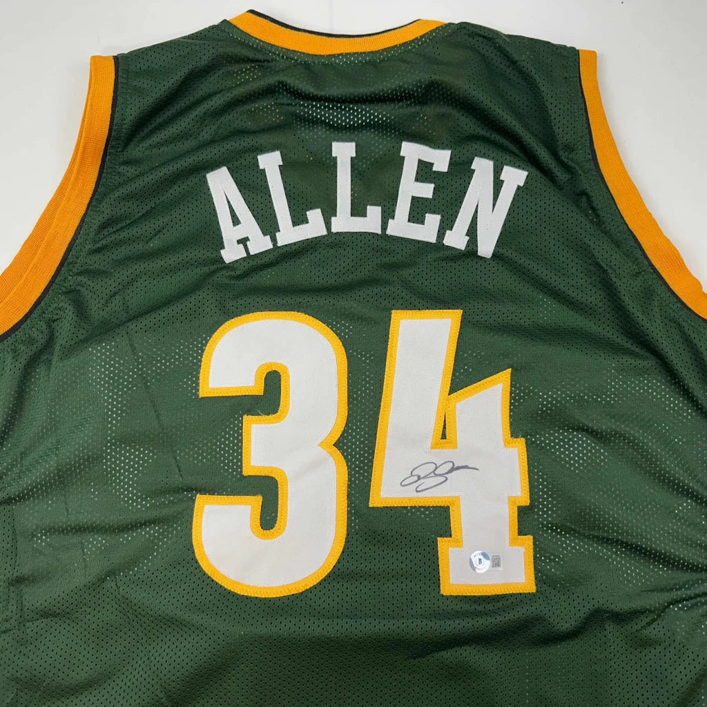 Autographed Ray Allen Seattle Green Basketball Jersey Beckett BAS COA | Certified Authentic Signed Memorabilia | vintageantiquesgifts.com