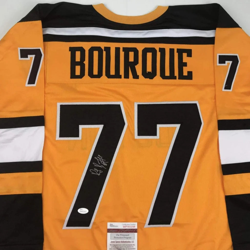 Autographed Ray Bourque hockey jersey from professional sports league for authentic collectors