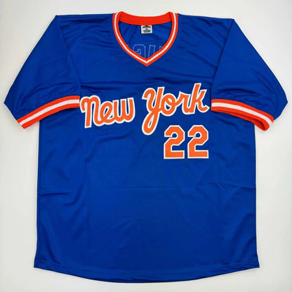 Autographed Ray Knight New York Blue Baseball Jersey Beckett BAS COA | Authenticated Signed Sports Jersey | vintageantiquesgifts.com