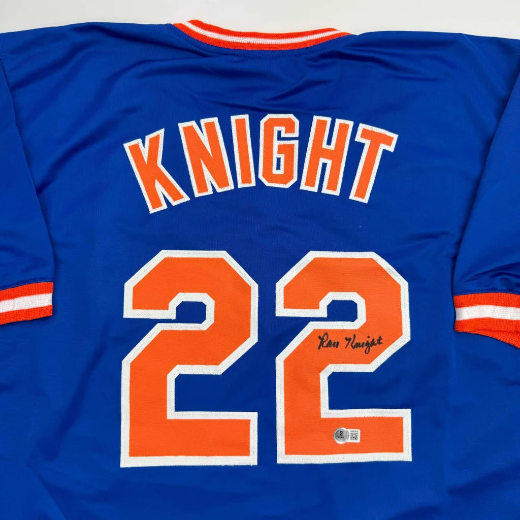 Autographed Ray Knight New York Blue Baseball Jersey Beckett BAS COA | Certified Authentic Signed Memorabilia | vintageantiquesgifts.com
