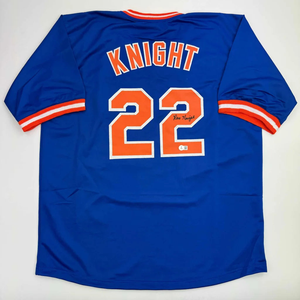 Autographed Ray Knight New York Blue Baseball Jersey Beckett BAS COA | Hall of Fame Sports Memorabilia | vintageantiquesgifts.com
