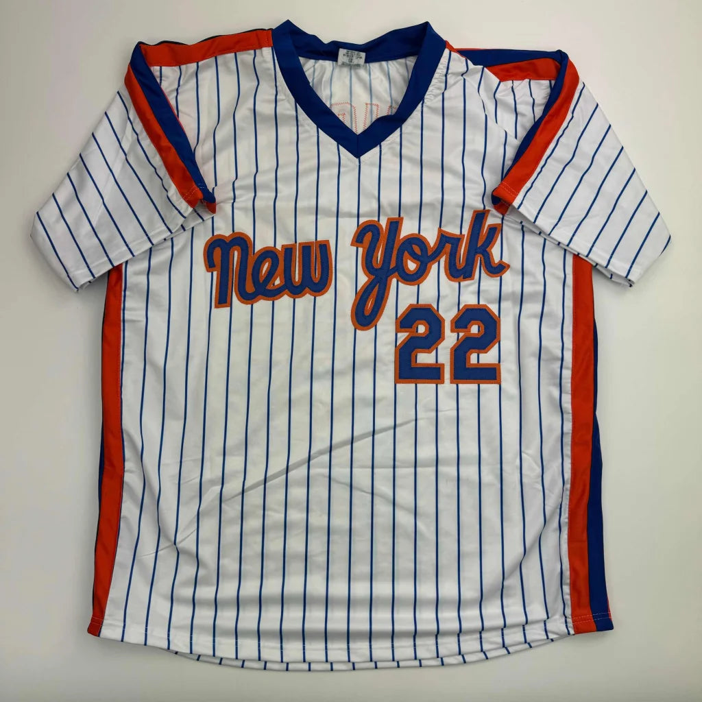 White pinstriped New York 22 baseball jersey with blue trim, orange accents, authentic custom jersey